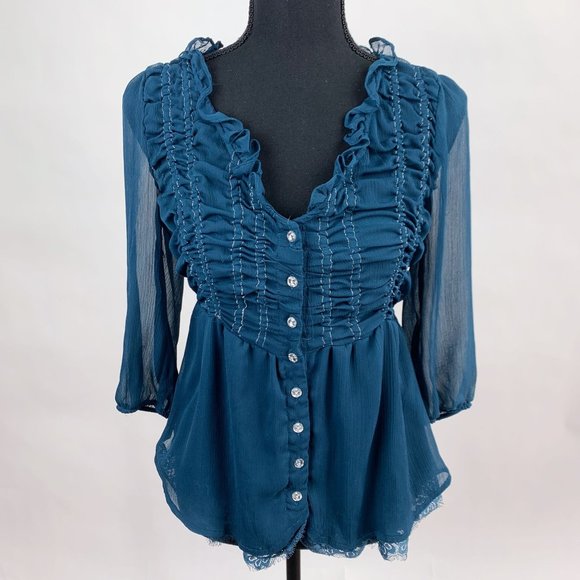 BKE Tops - Buckle BKE Boutique Sheer Baby Doll Ruffle Jeweled Ruched Lace Top Shirt Small